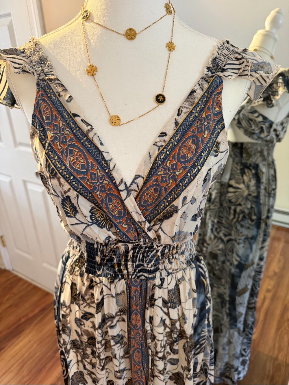 Boho V-Neck Floral Maxi Dress in Navy and Cream